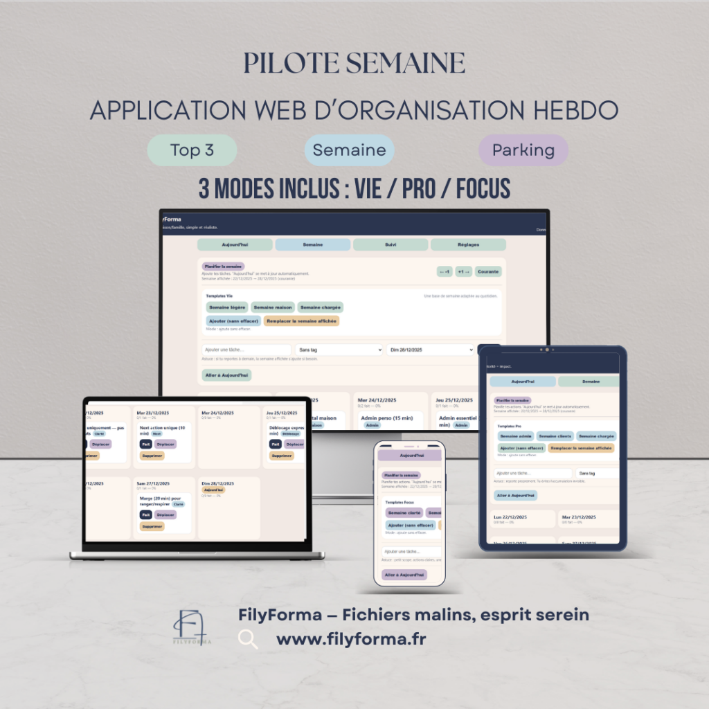 Visuel Pilote — application web d’organisation hebdo — 3 modes Vie / Pro / Focus