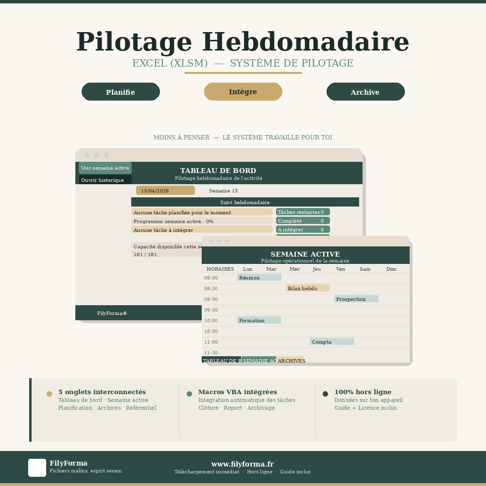 Pilotage Hebdomadaire FilyForma — Système Excel XLSM avec tableau de bord, semaine active et planification automatisée