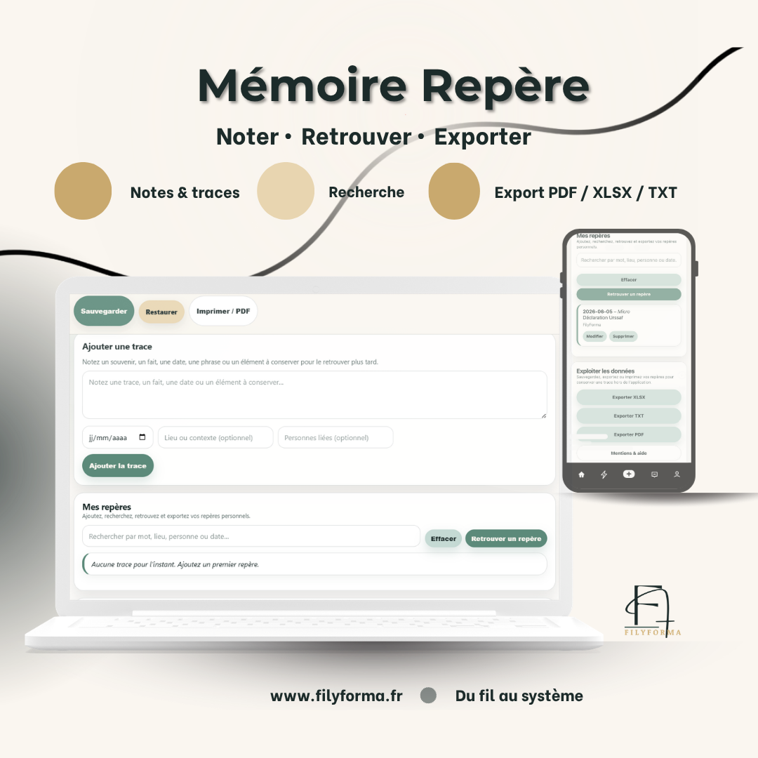Essentiel 06 Juin — Mémoire Repère, App Web FilyForma pour noter, retrouver et exporter des repères personnels