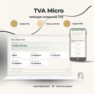 TVA Micro, App Web FilyForma pour suivre le chiffre d’affaires, les seuils TVA et la marge restante en micro-entreprise.