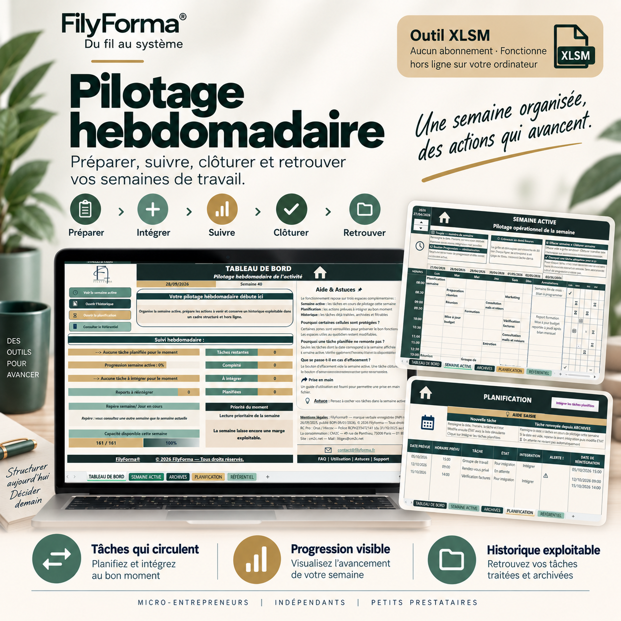 Pilotage hebdomadaire FilyForma — système XLSM de suivi hebdomadaire
